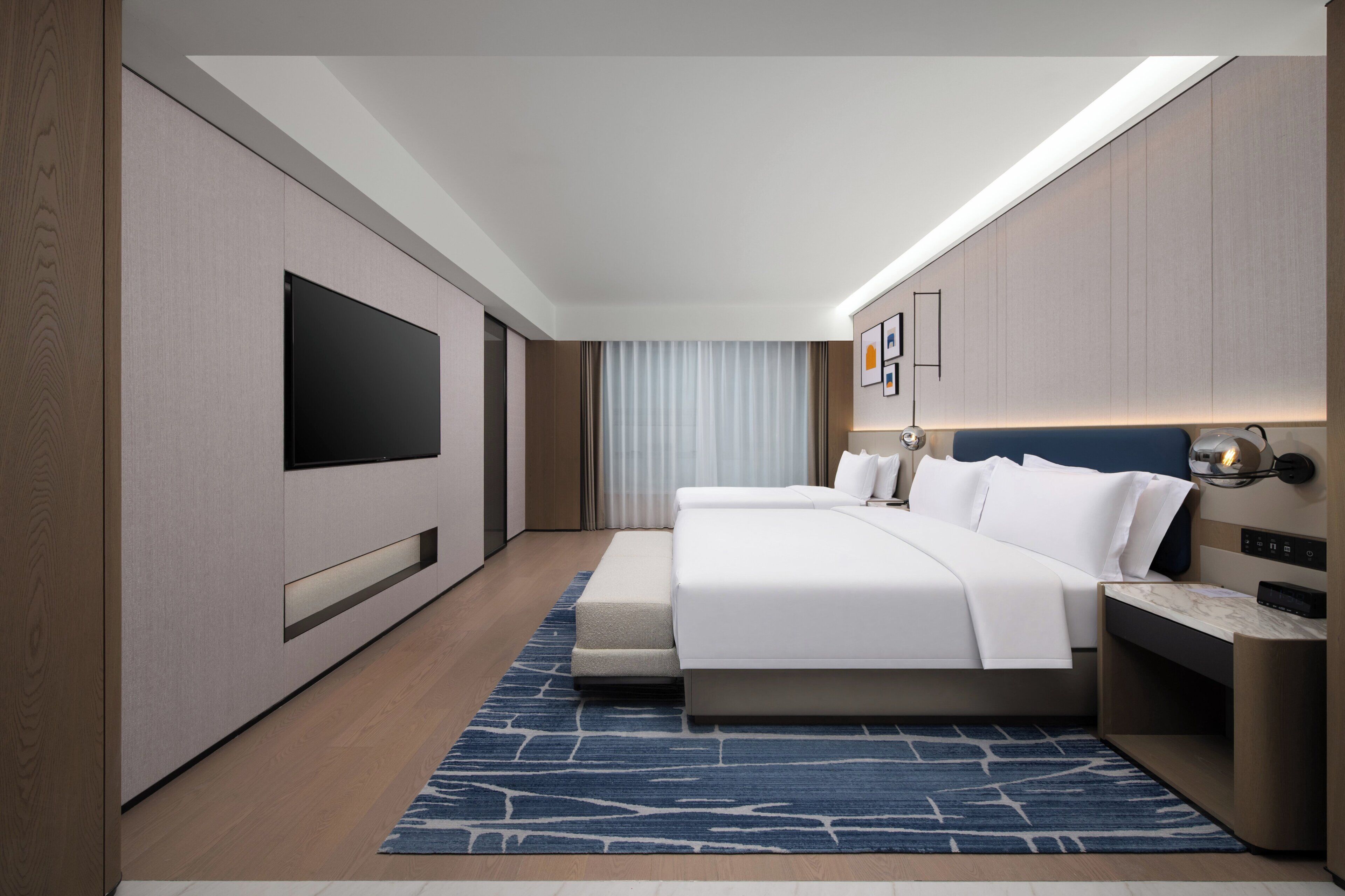 A modern hotel room with a large bed, a flat-screen TV, a bedside table, and a wall-mounted light.