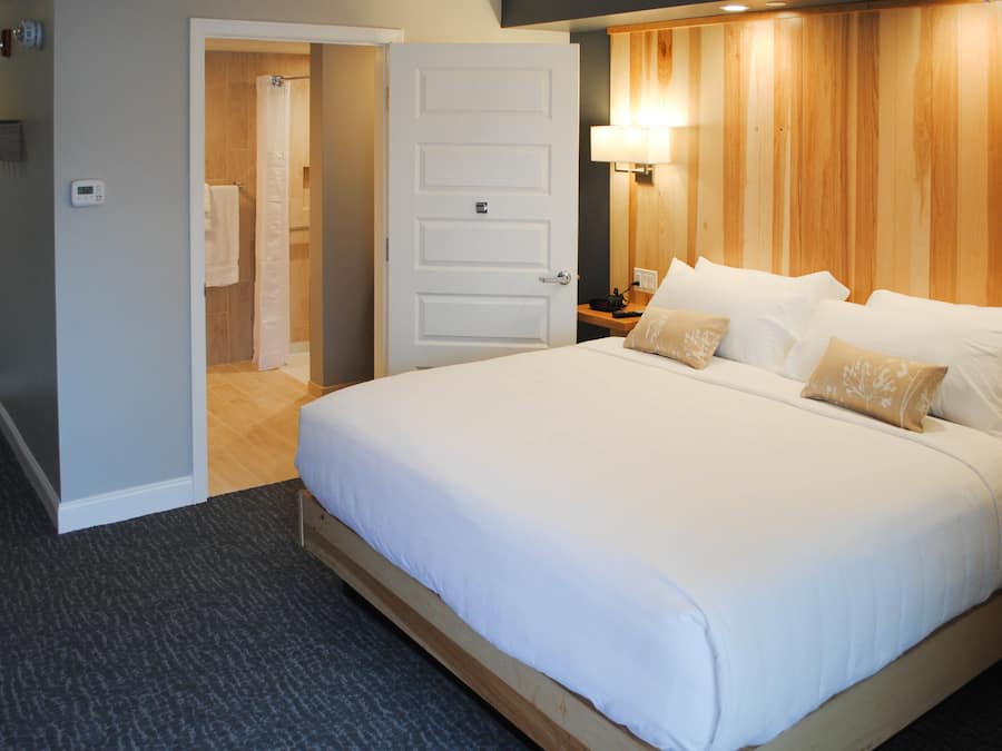 Habitación de hotel con una cama grande, cabecera de madera, mesita de noche con lámpara y baño con ducha e inodoro.
