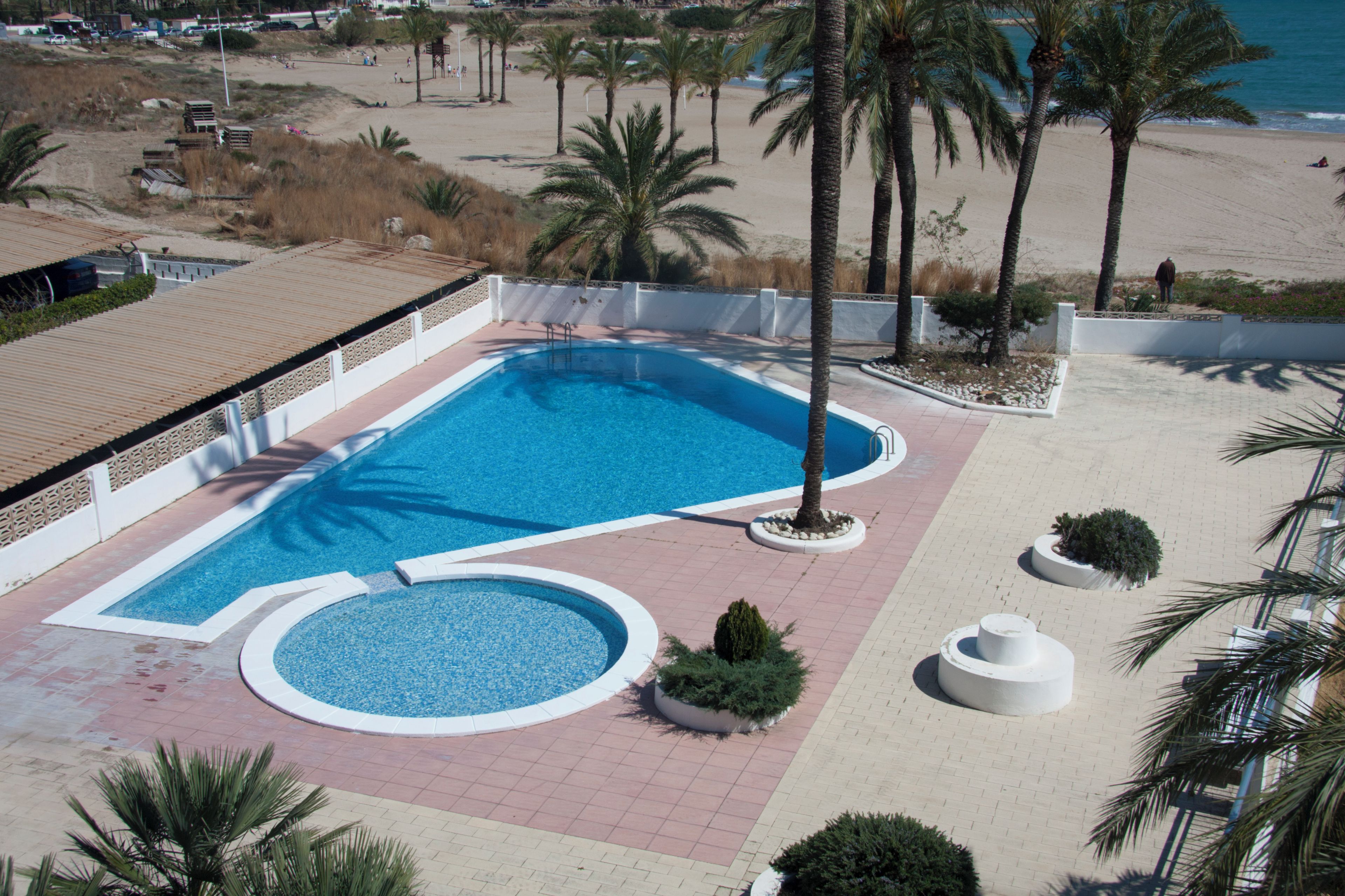 Una piscina con un deck circundante, palmeras y vistas a la playa.