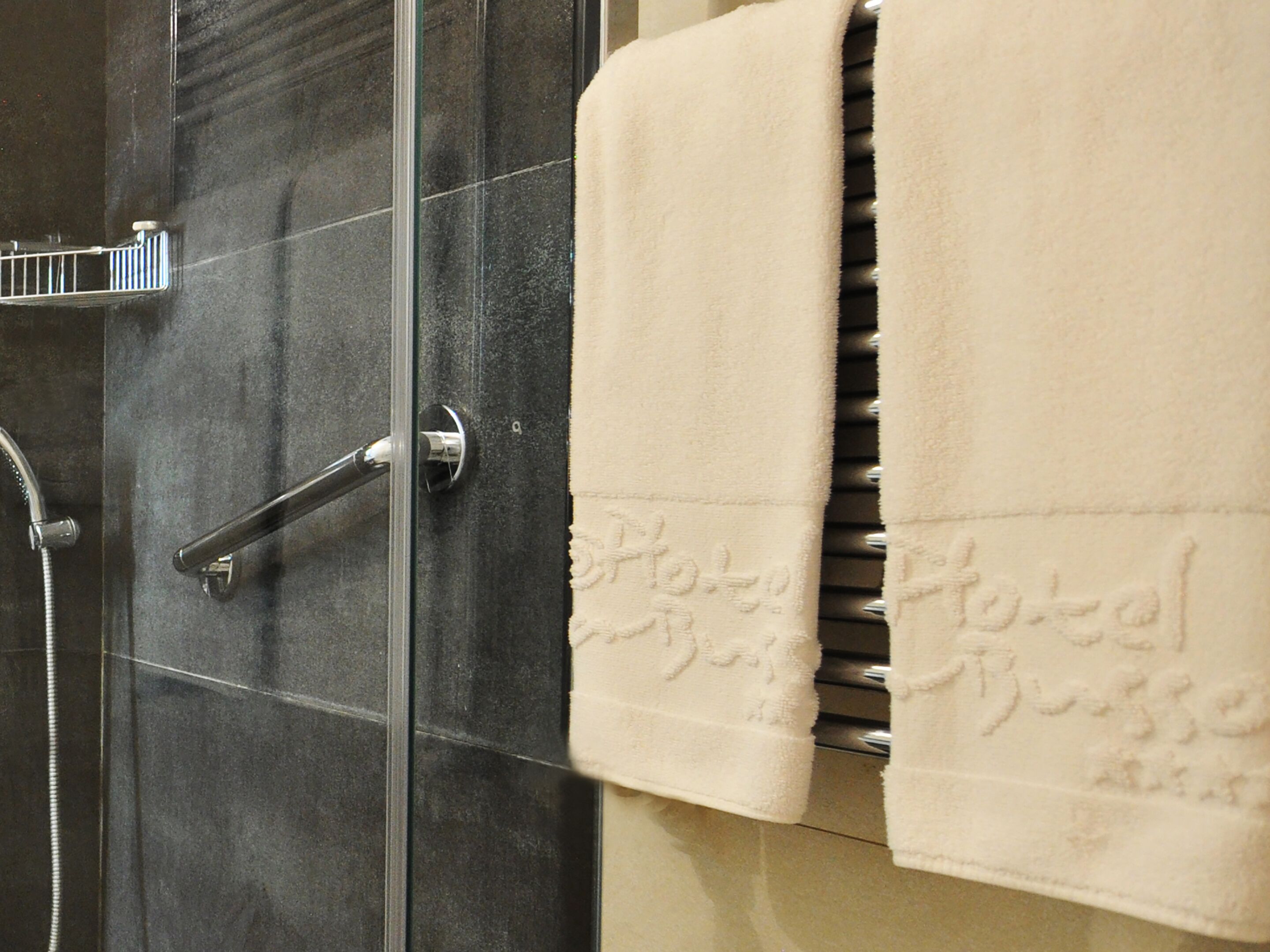 A bathroom with a glass shower door, a towel rack with a white towel, and a metallic shower handle.