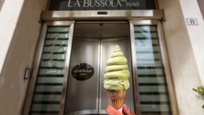 An ice cream cone in front of La Bussola Hotel.