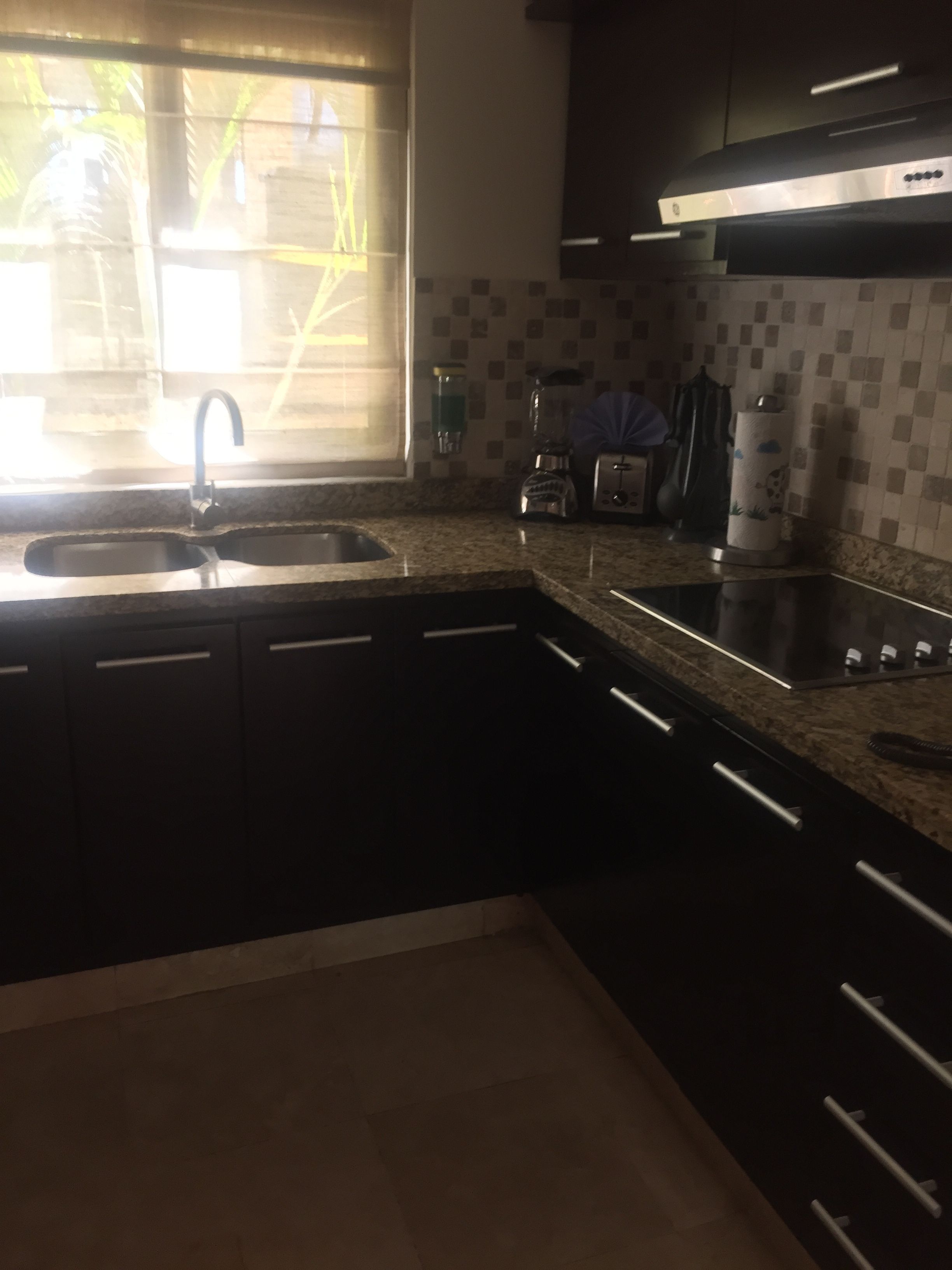 Una cocina con armarios oscuros, encimera de granito, un fregadero, un tostador y una licuadora.