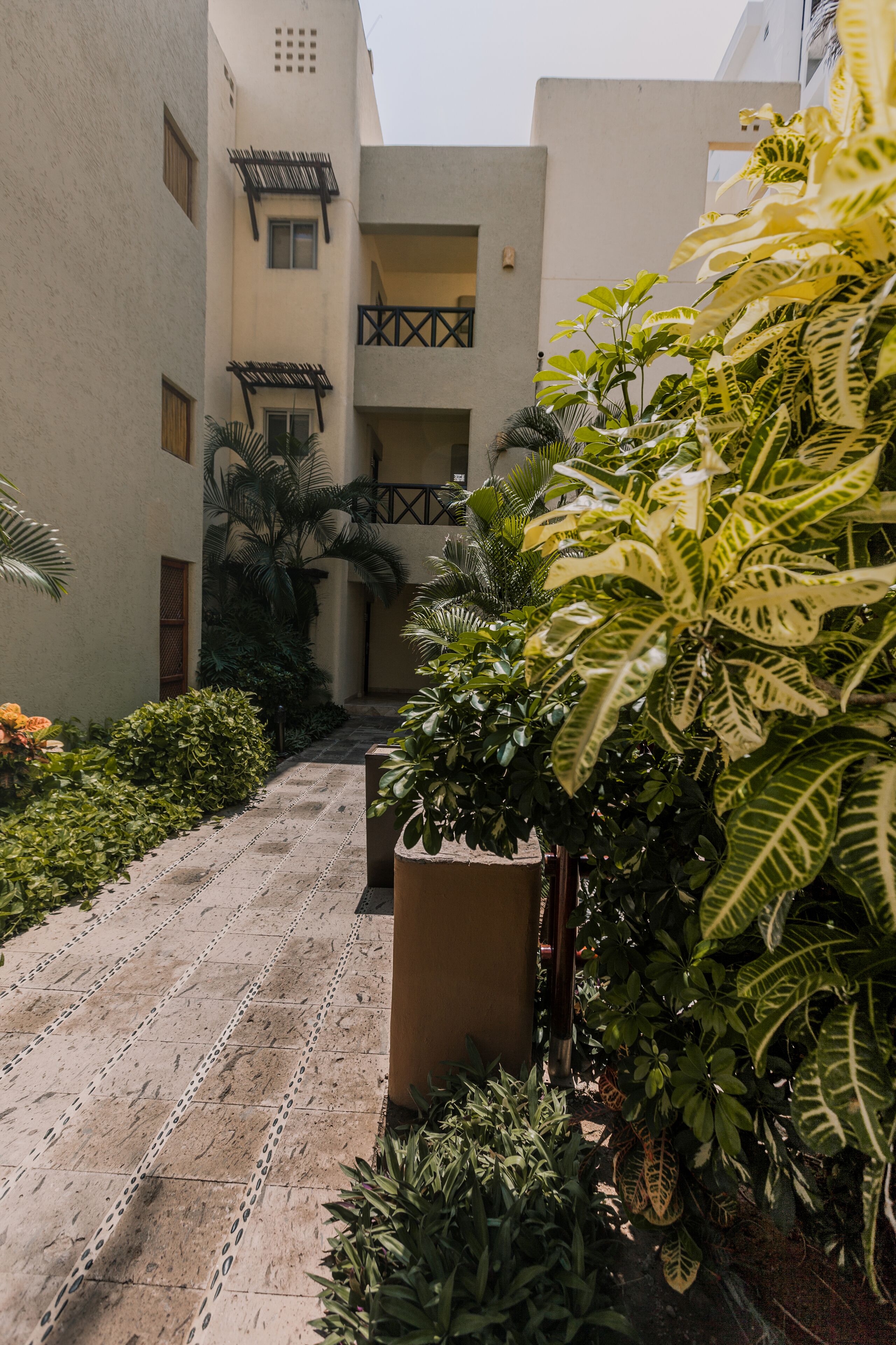 A narrow pathway flanked by lush greenery and a building with a balcony.