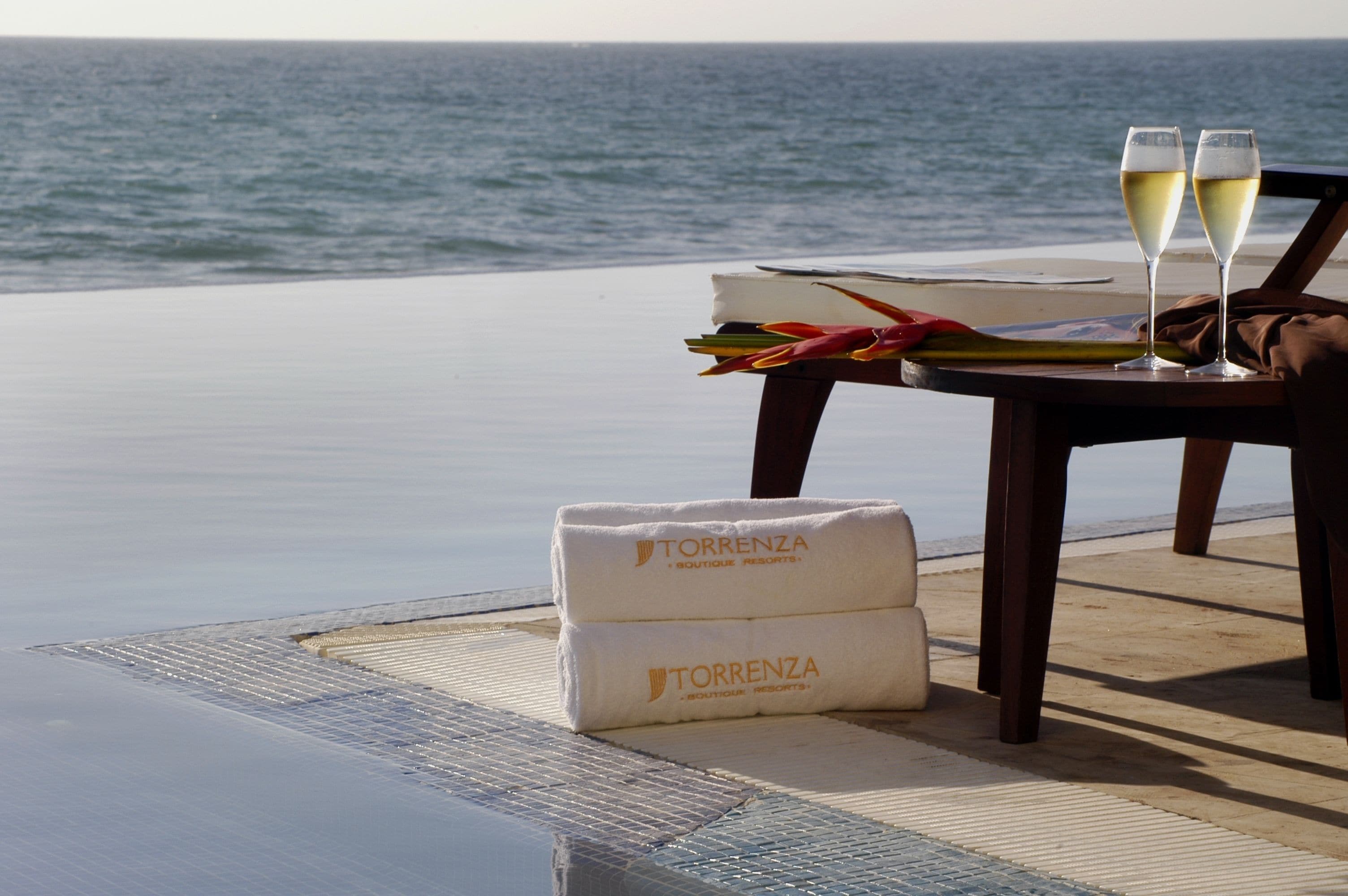 Alberca techada, alberca al aire libre y camastros