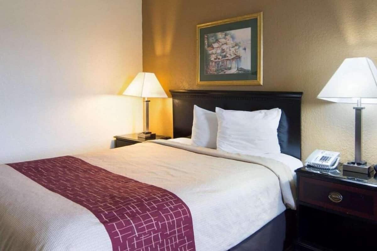 A hotel room with a bed, two bedside tables, a lamp, a telephone, and a painting on the wall.