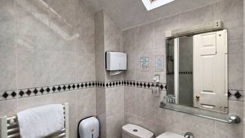 A bathroom with a skylight, a toilet, a sink, and a towel rack.