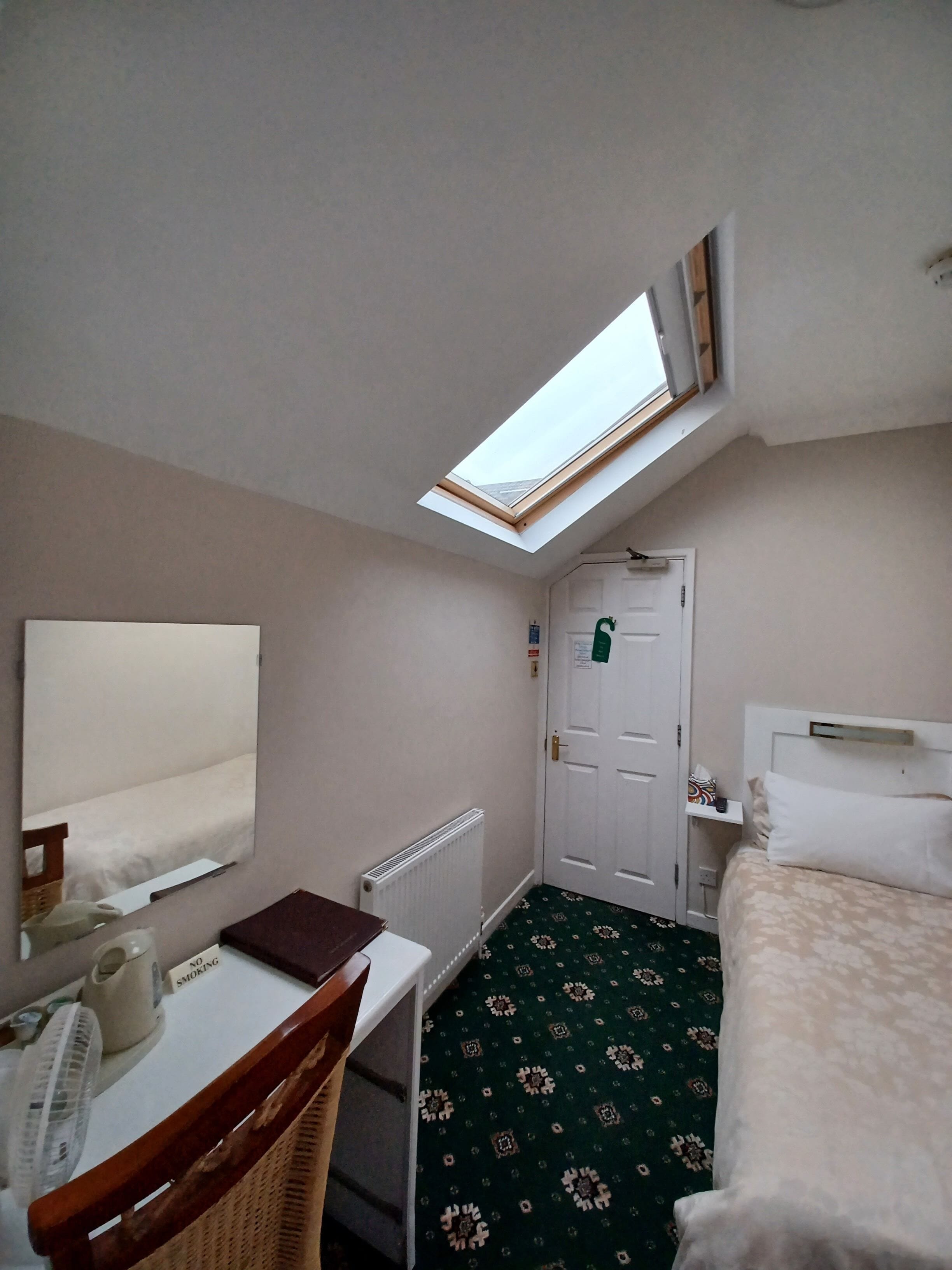 A room with a skylight, a bed, a desk, and a chair.