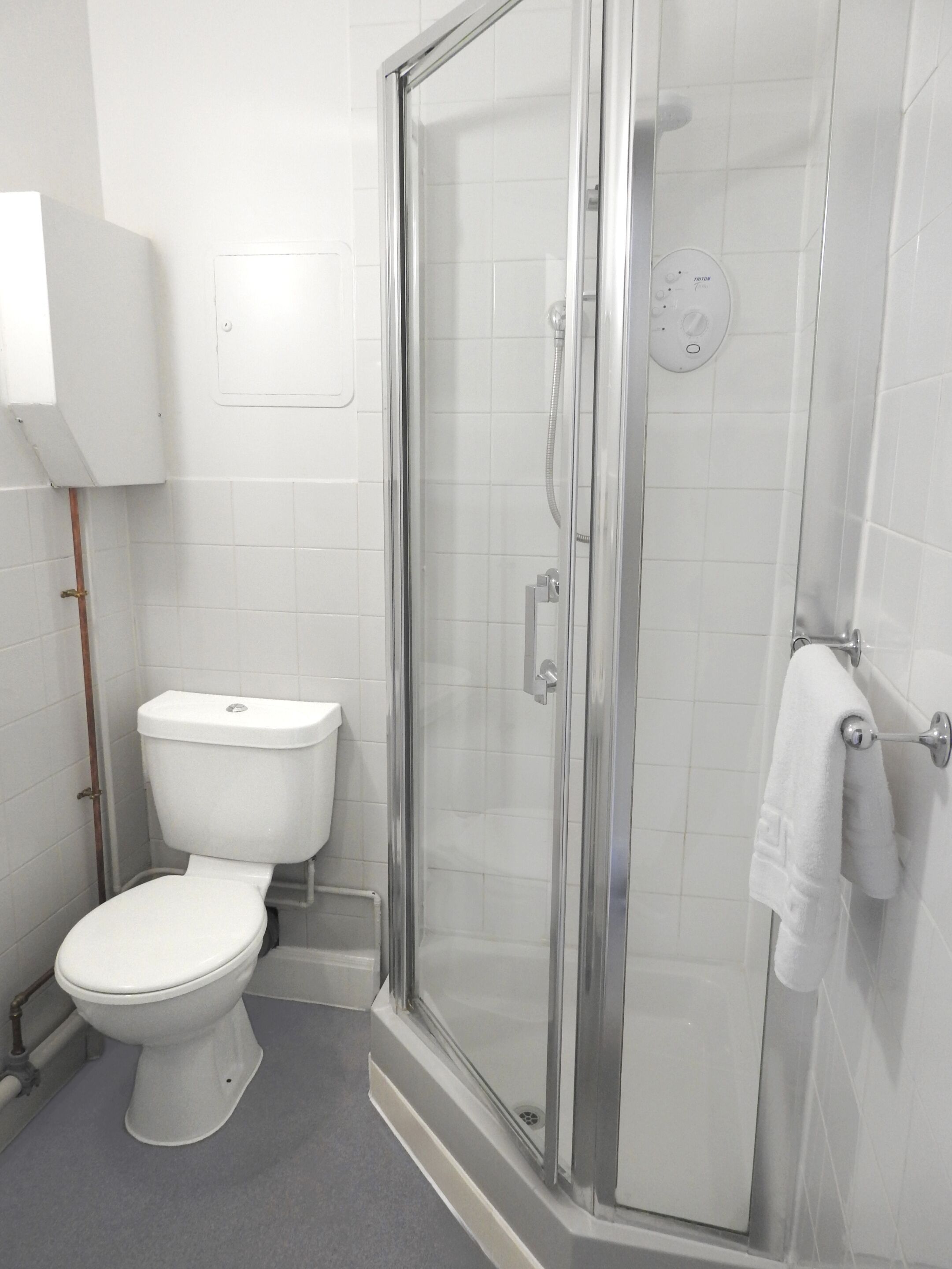 A modern bathroom with a toilet, a glass-enclosed shower, and a towel rack.
