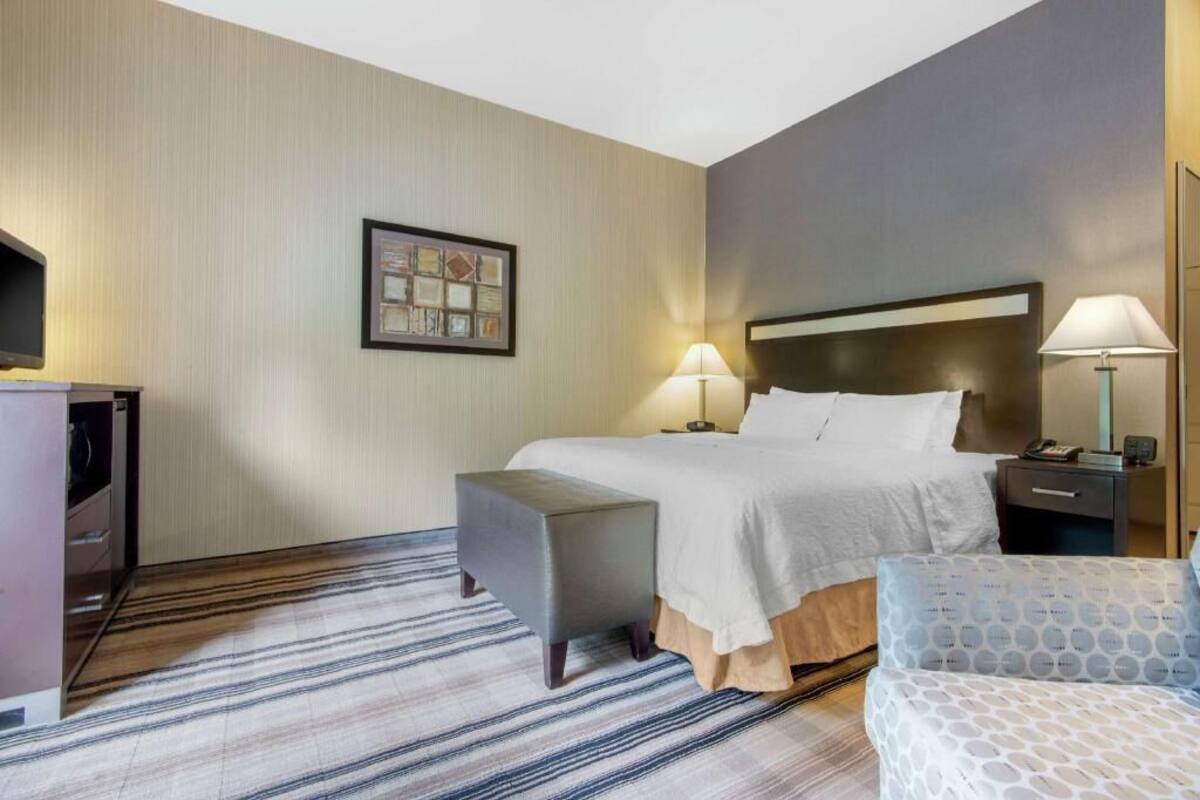 Habitación de hotel con cama, mesitas de noche, escritorio, silla, televisor y alfombra estampada.