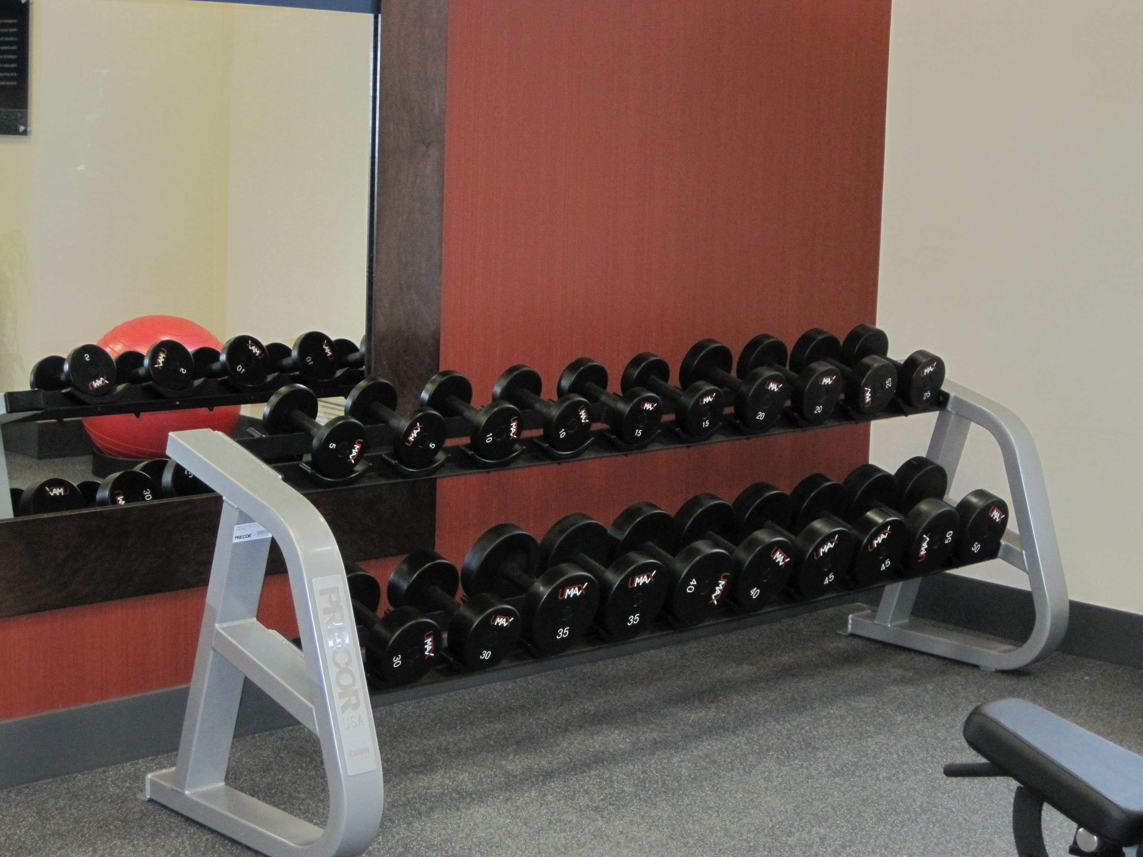 A gym with a mirrored wall, a red exercise ball, and a rack of dumbbells.