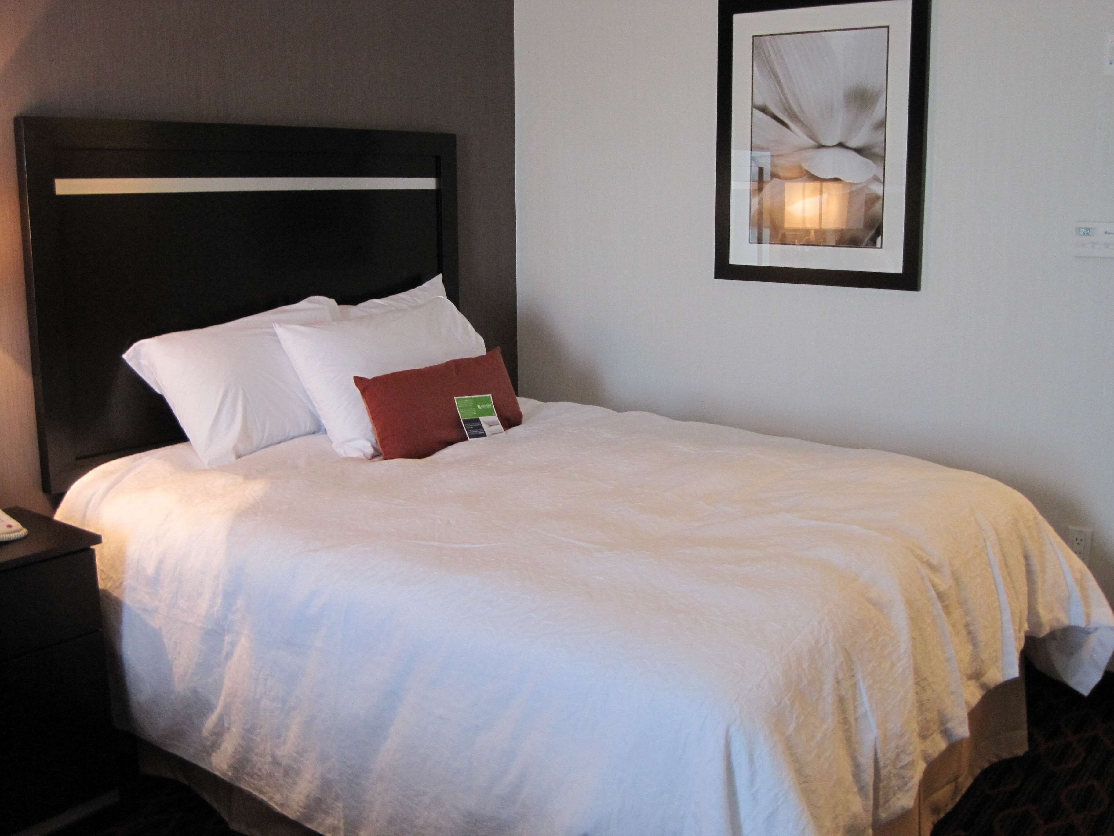 A neatly made bed with white and red pillows, a dark headboard, and a framed picture on the wall.