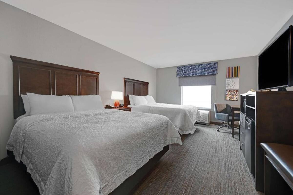 A hotel room with two beds, a desk, a chair, a TV, and a window with a view.