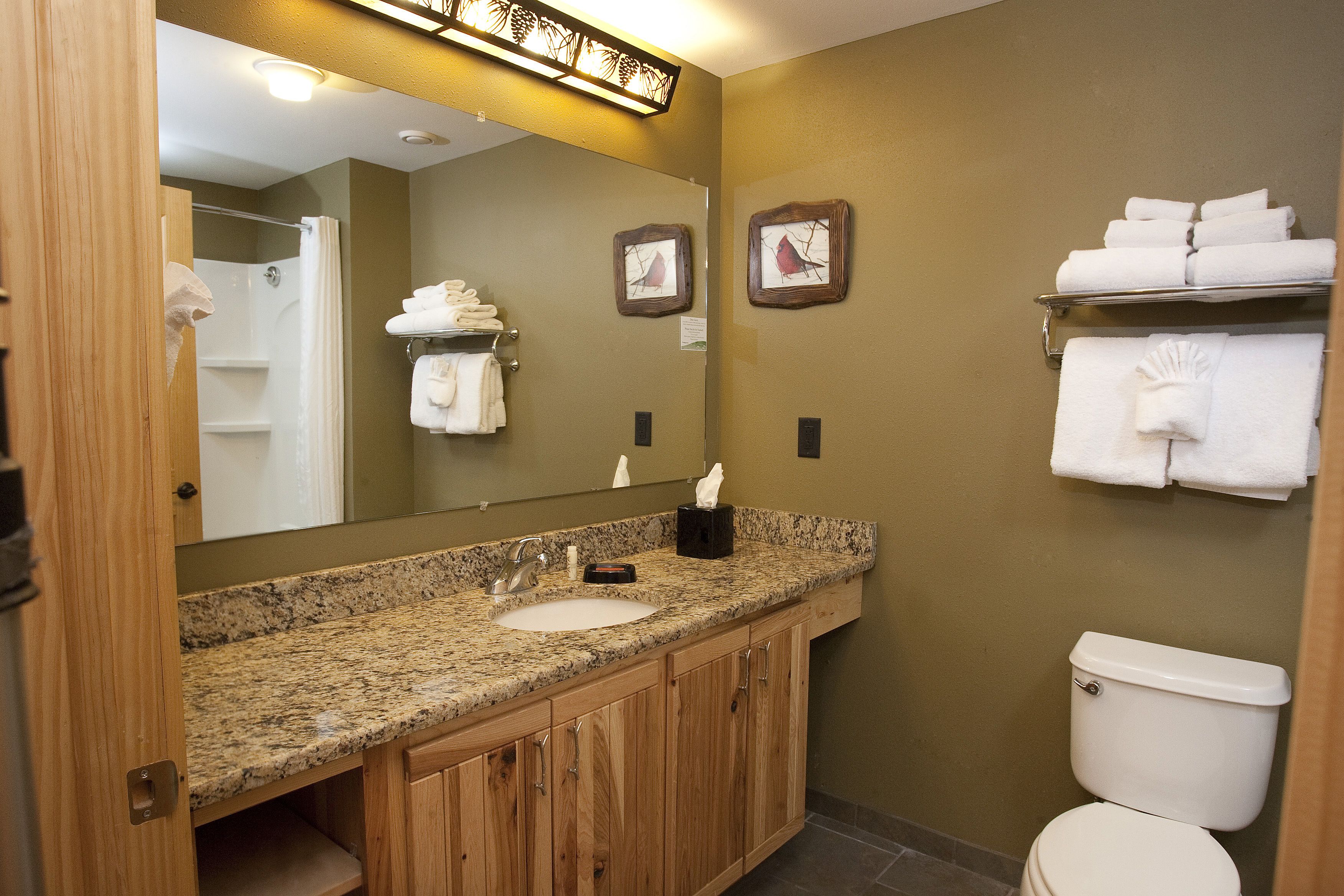 A bathroom with a granite countertop sink, wooden cabinets, a white toilet, and a mirror with framed pictures.