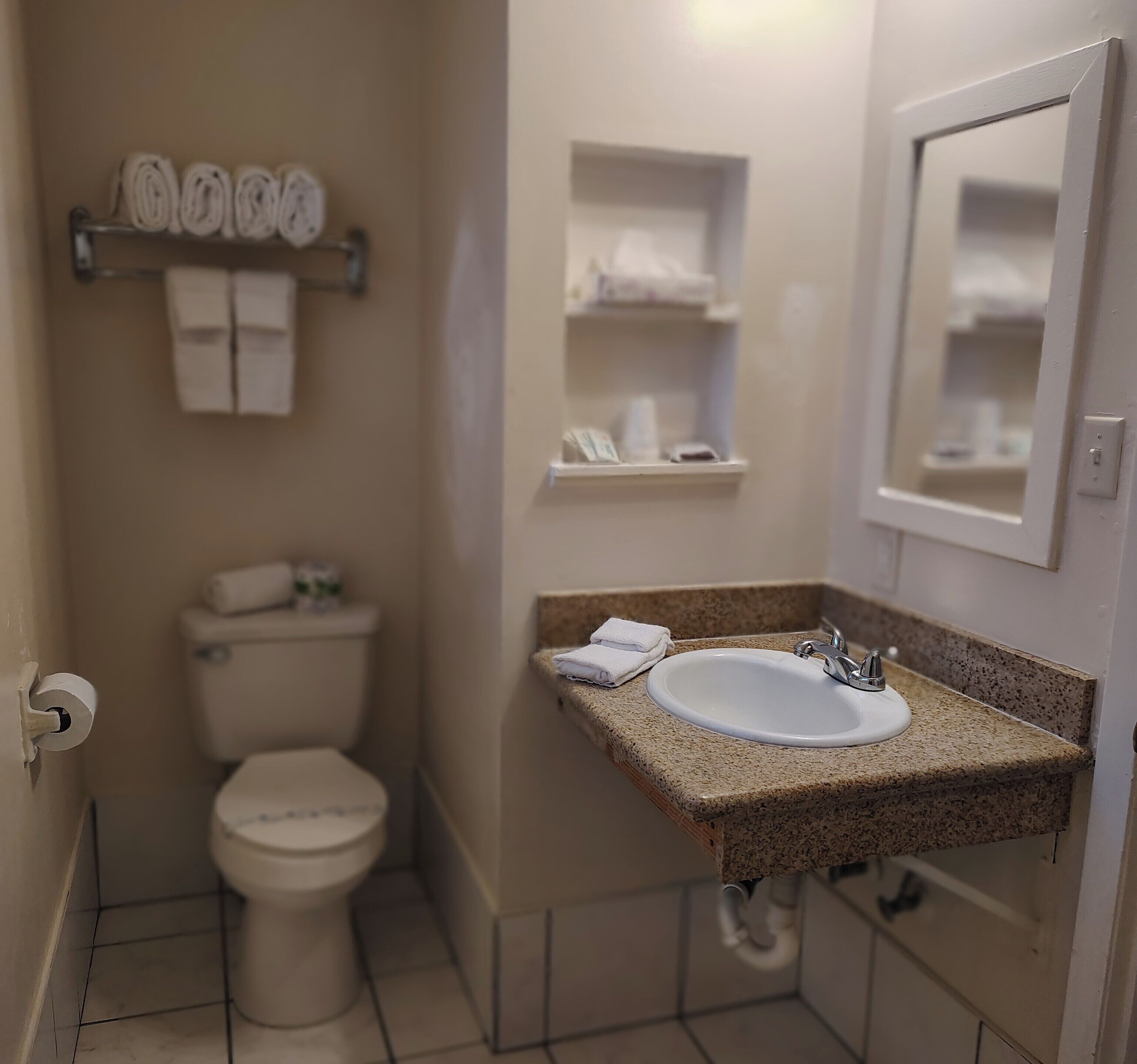 Un baño con inodoro, lavabo y toallero.