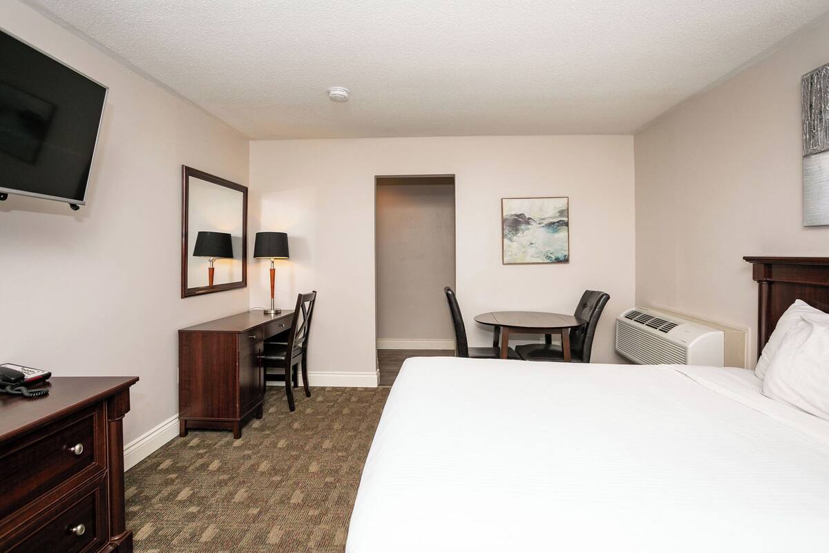 A hotel room with a bed, desk, chair, TV, and artwork on the wall.