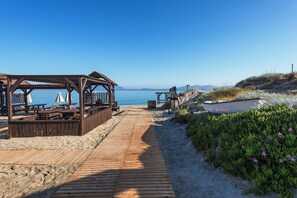 On the beach, sun loungers, beach umbrellas, beach towels