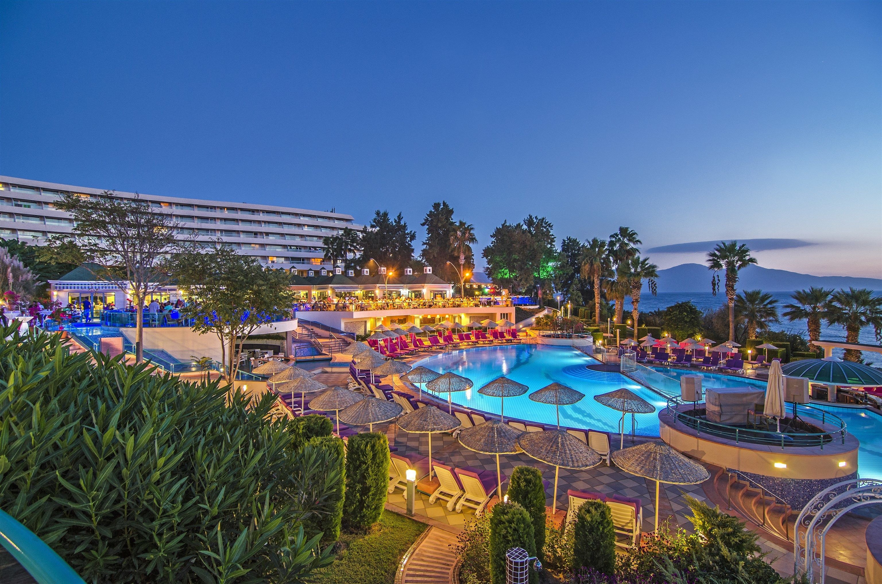Un área de piscina en un resort, con múltiples sillas de descanso y sombrillas, rodeada de palmeras y un edificio grande al fondo.