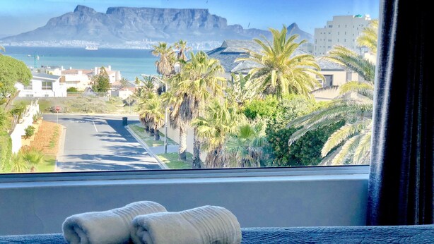 A window view of a coastal street with palm trees, a stop sign, and a mountain in the background. - 5 Options (Cape Town)
