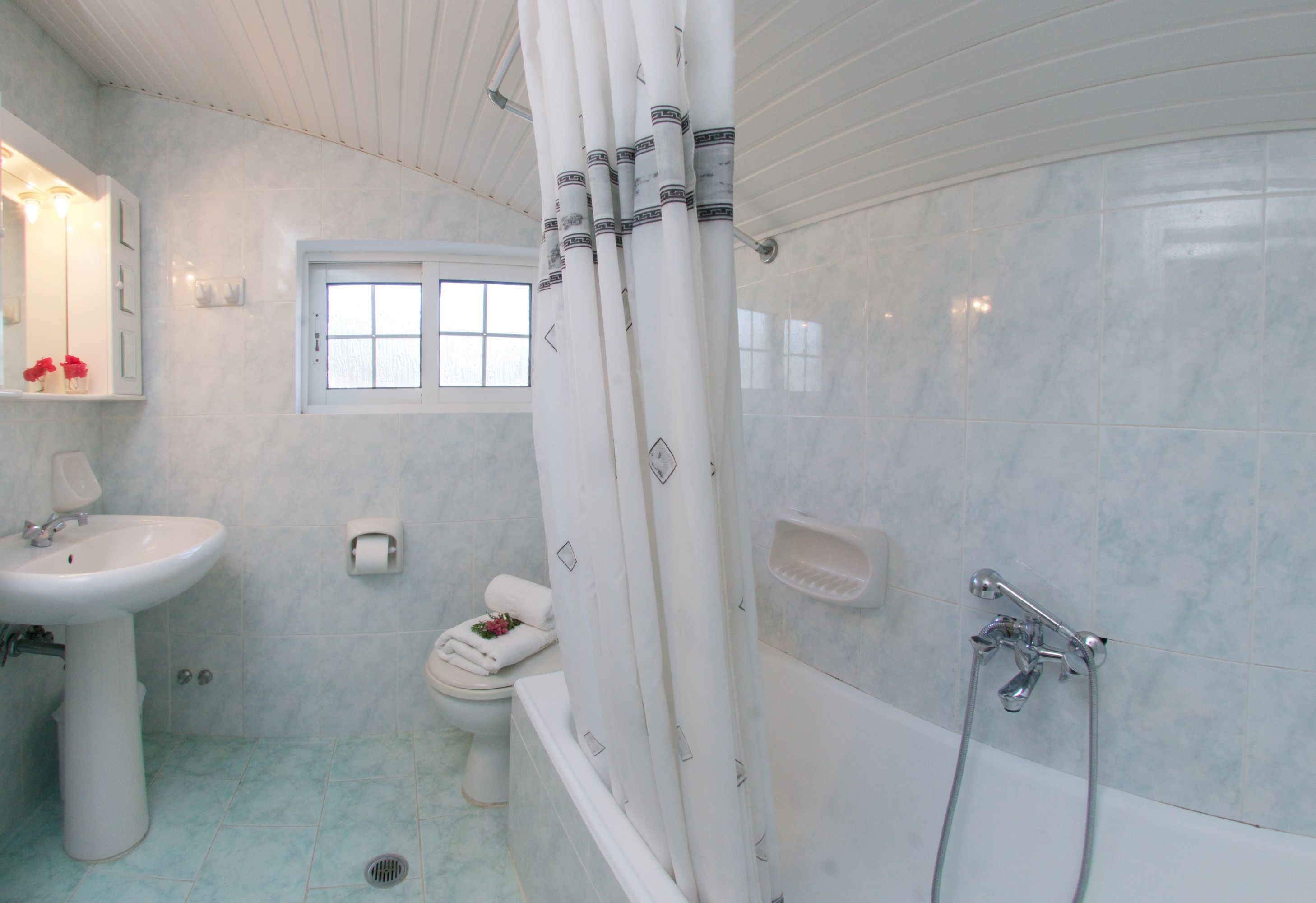 A bathroom with a sink, toilet, bathtub, and shower.