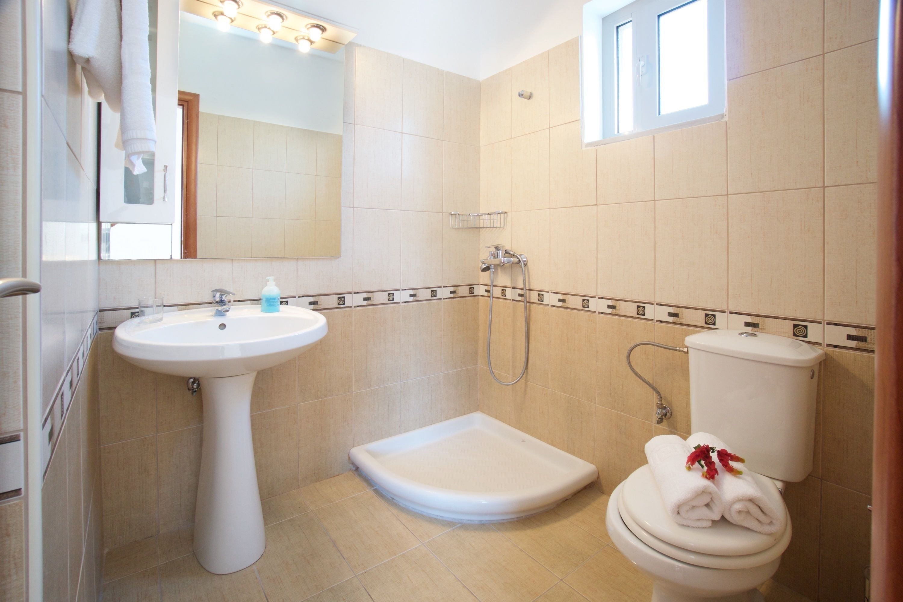 A bathroom with a pedestal sink, a shower, and a toilet.