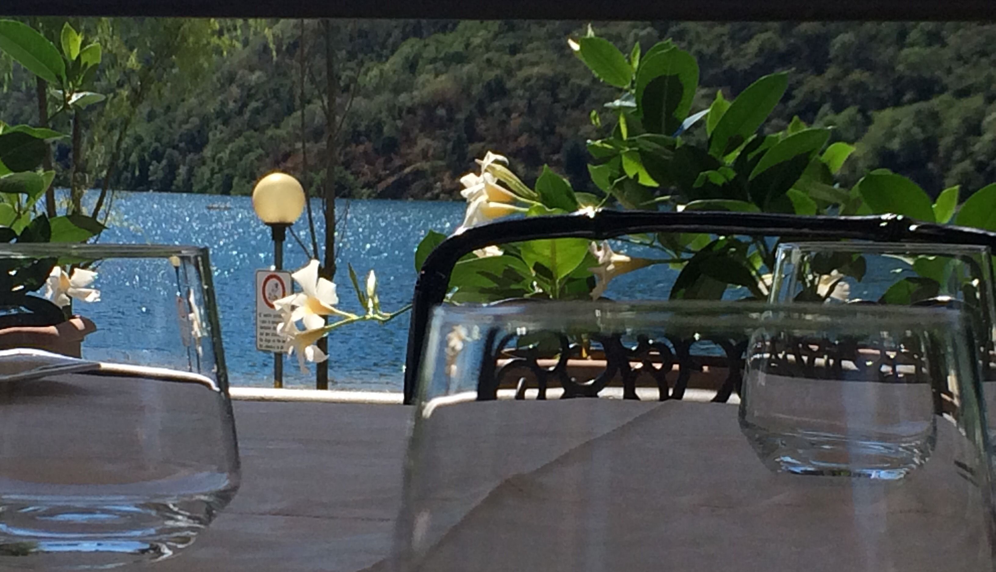 A table with a glass top, a metal frame, and a view of a body of water with greenery in the background.