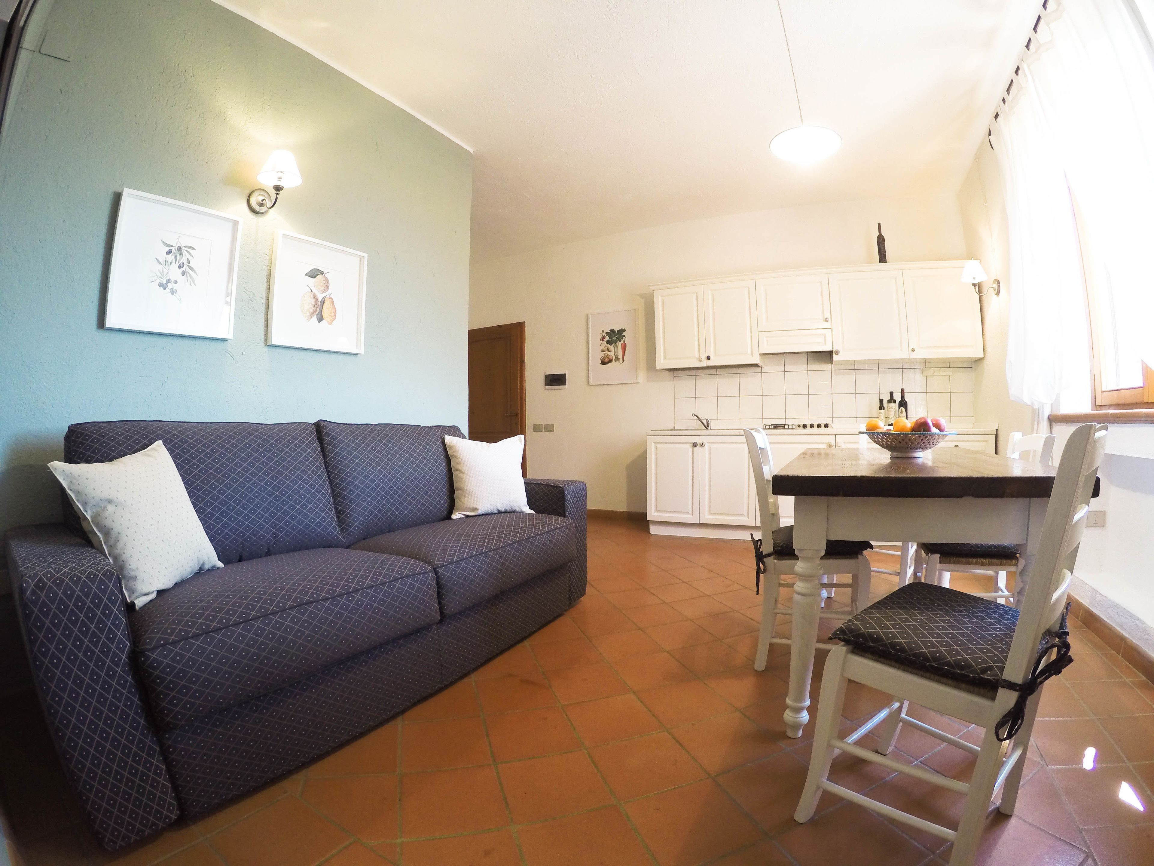 A living room with a sofa, a dining table with chairs, and a kitchen area with cabinets and a countertop.