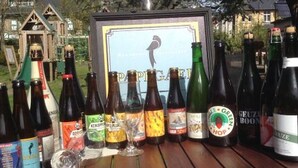 Une table en bois sur laquelle se trouvent différentes bouteilles de bière et un tableau encadré représentant un oiseau.