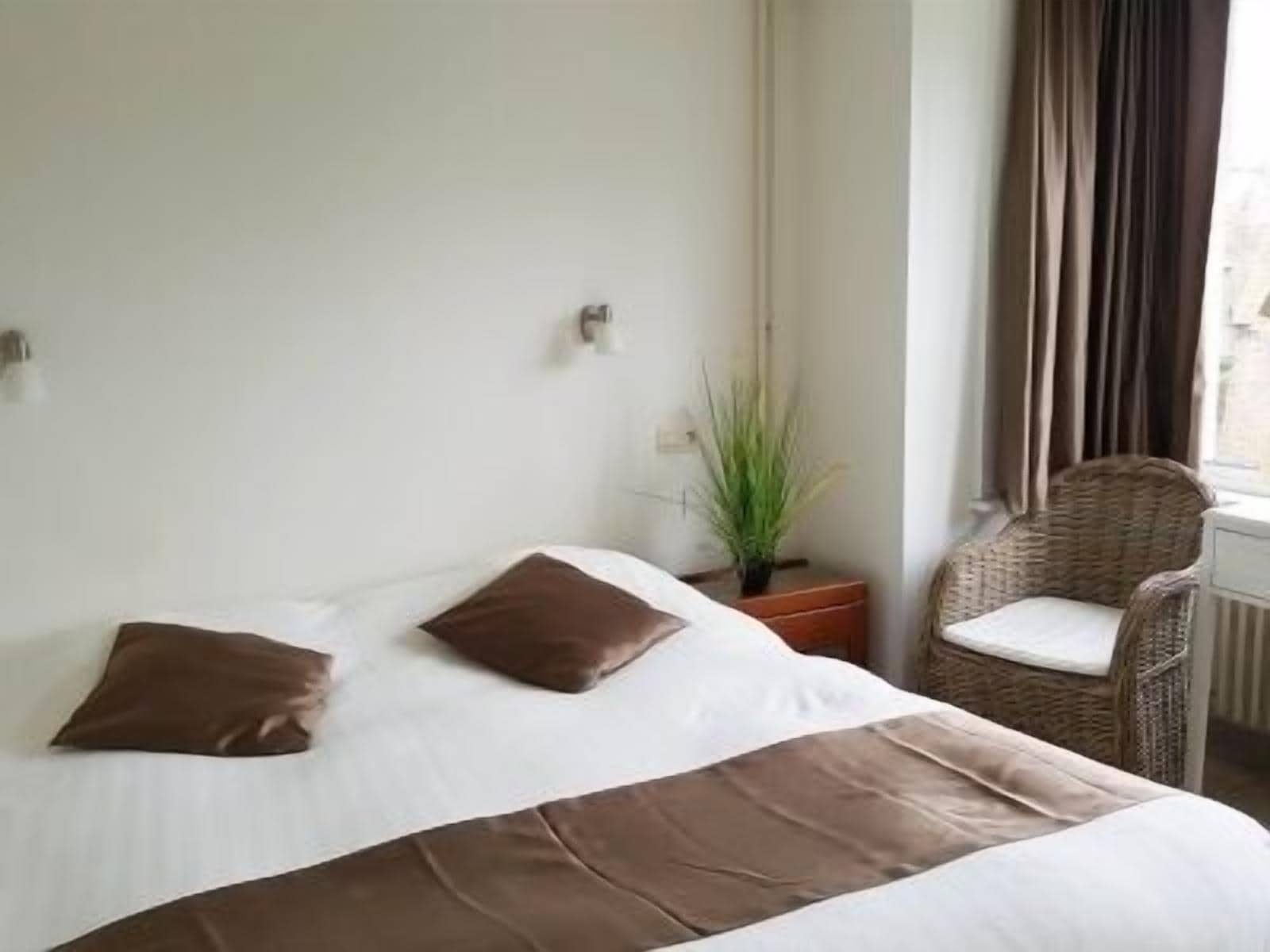 Una cama con dos almohadas marrones, una planta en la mesita de noche y una silla de mimbre con cojín.