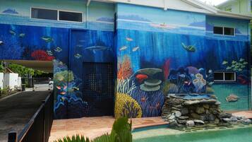 Outdoor pool, pool umbrellas, sun loungers