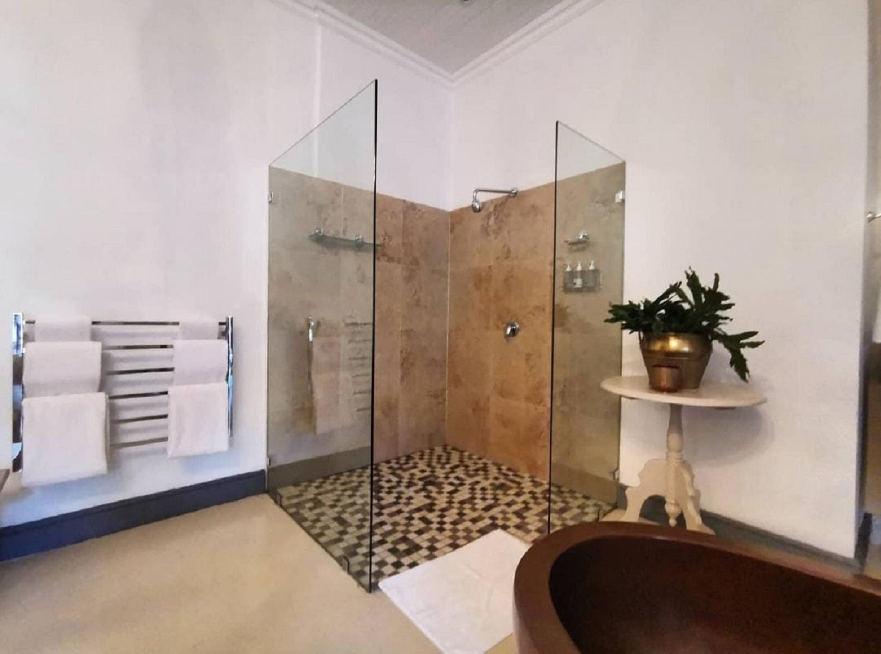 Een moderne badkamer met een douchecabine van glas, een vrijstaand bad en een kleine plant in een pot op een voetstuk.