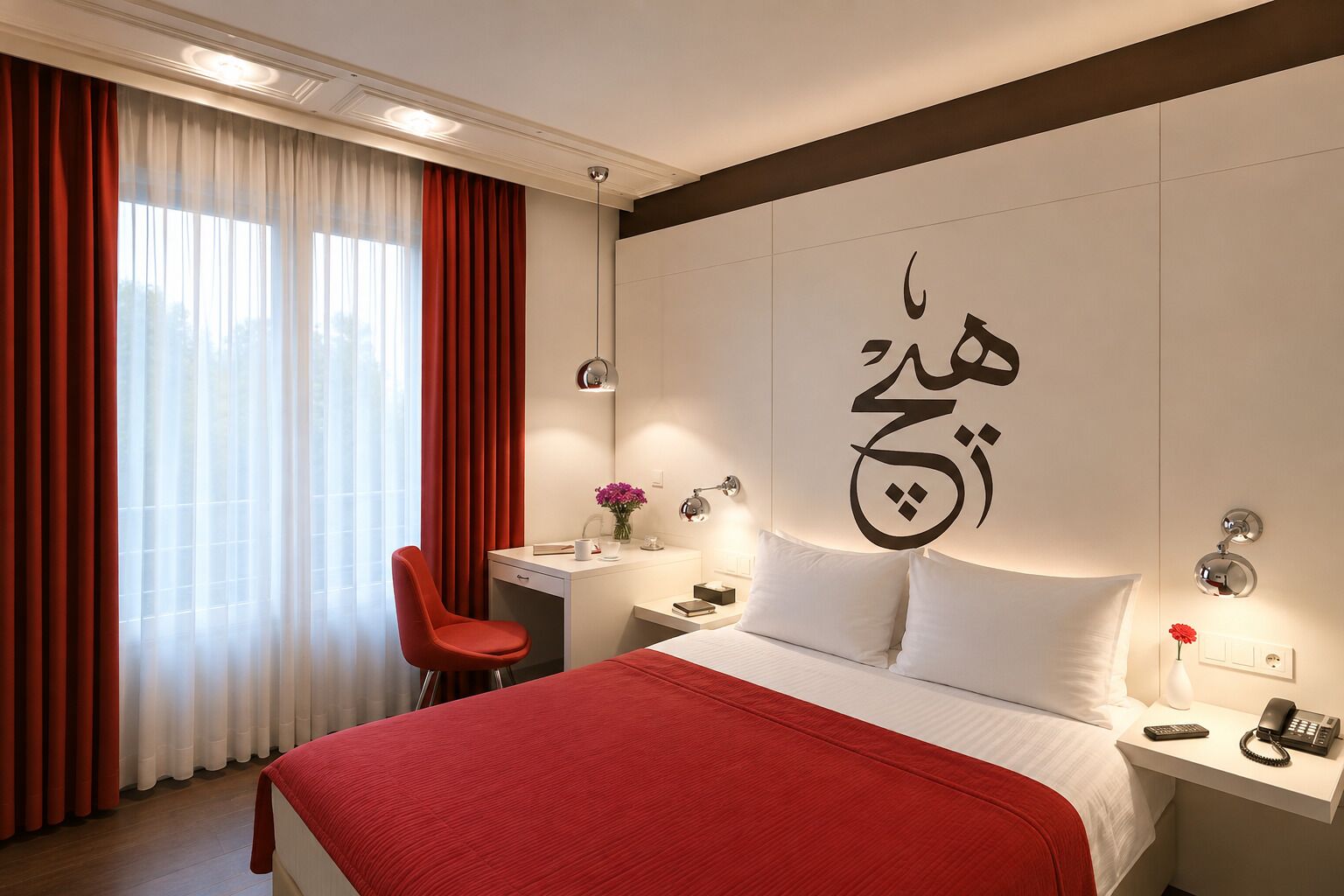 A hotel room with a bed, a desk, a chair, a nightstand, and a wall with calligraphy.