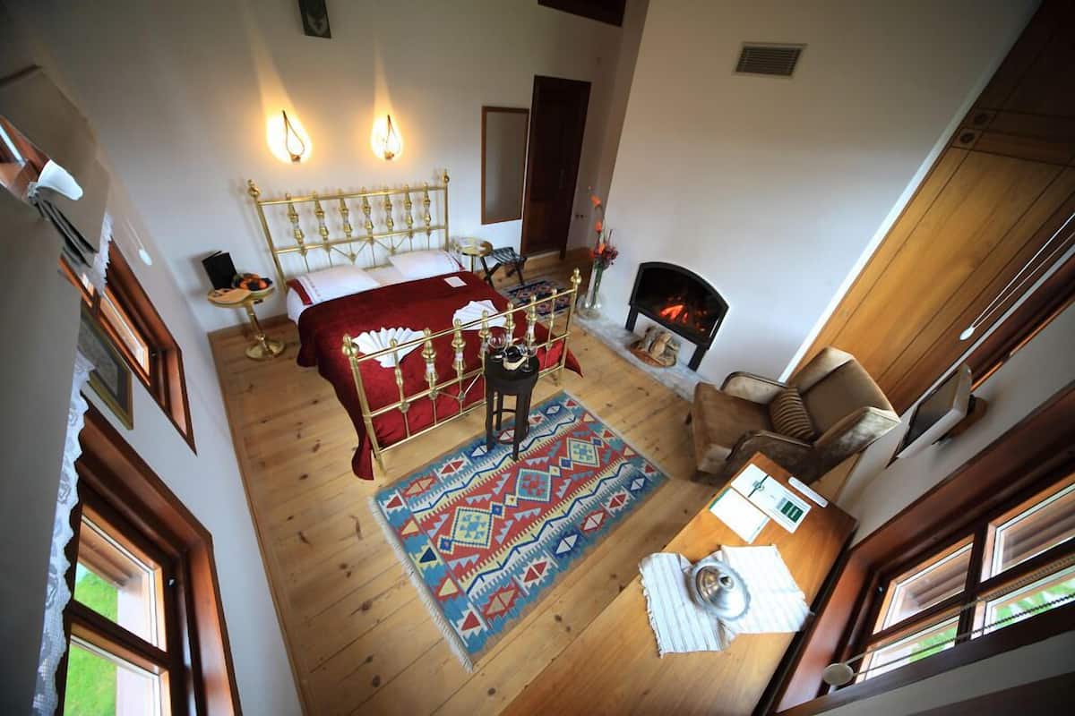 A bedroom with a large bed, a fireplace, a wooden floor, and a view of the outdoors.
