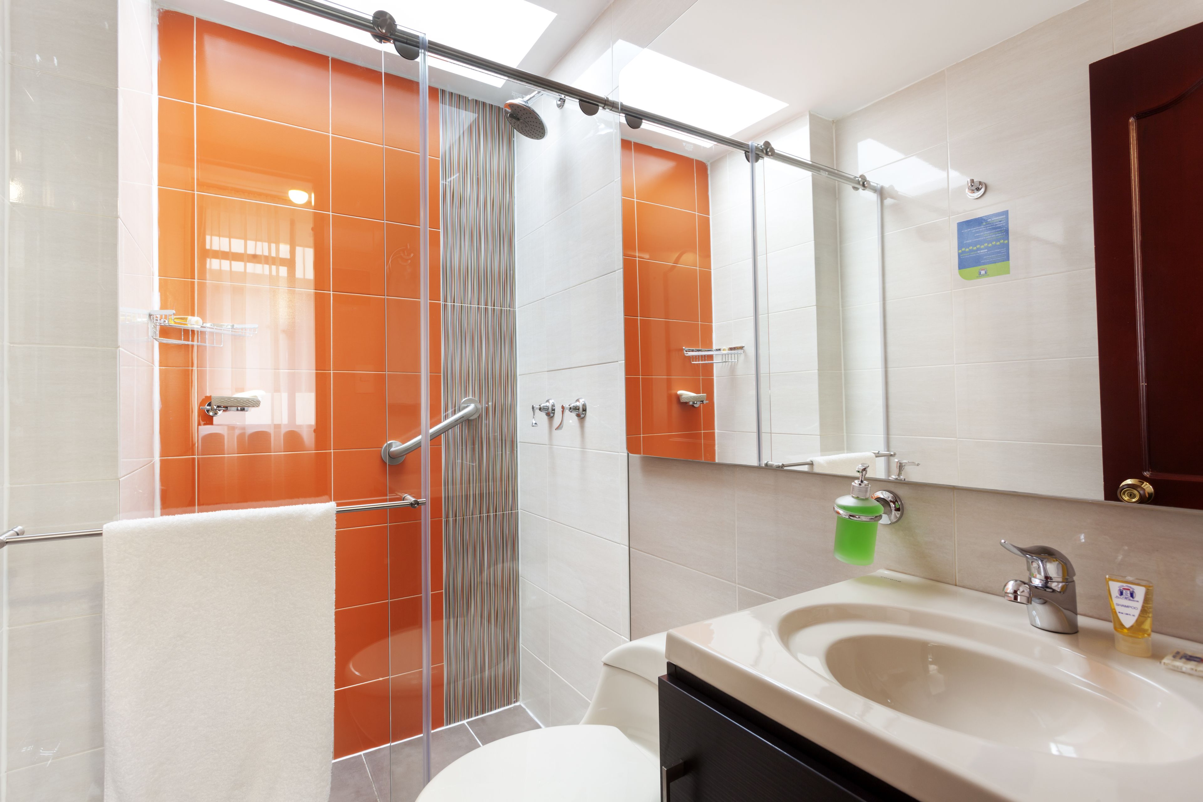 shower, rainfall showerhead, free toiletries, hair dryer