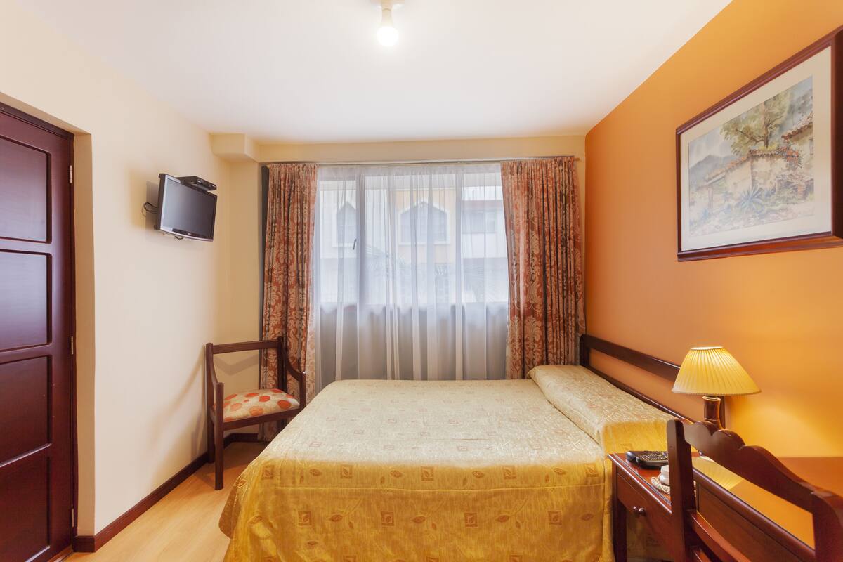Een hotelkamer met een bed, een stoel, een bureau met een lamp, een televisie en een schilderij aan de muur.
