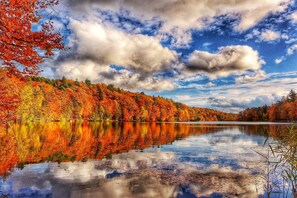 Un lago tranquilo que refleja el follaje otoñal colorido y un cielo despejado.