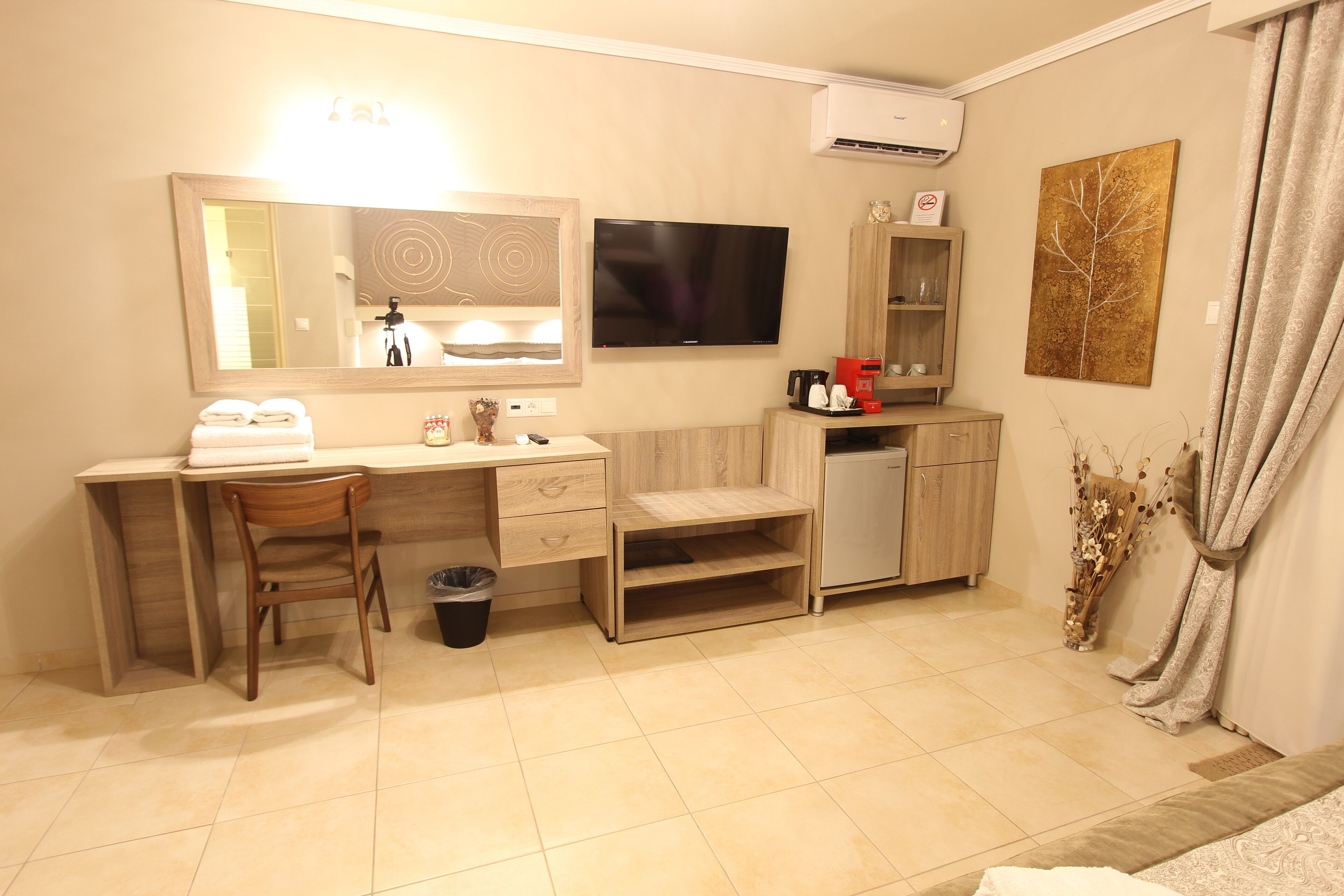 A compact hotel room with a wooden desk, a chair, a television, a small cabinet, and a decorative plant.