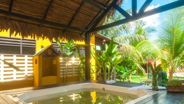 Un área de spa con una bañera de hidromasaje, terraza de madera y plantas tropicales.