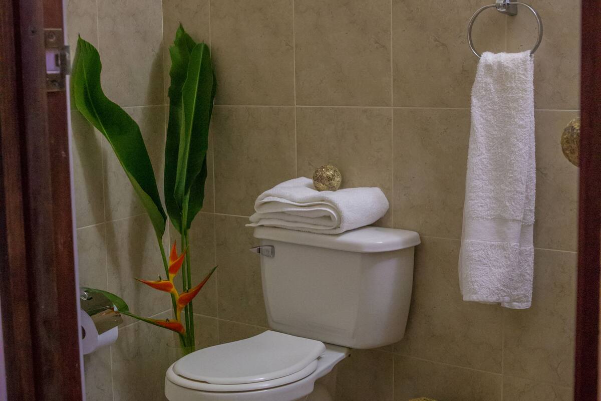 separate bathtub and shower, hair dryer, towels