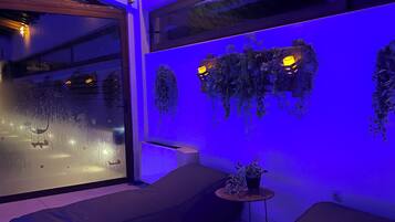 Seasonal outdoor pool, pool umbrellas, pool loungers