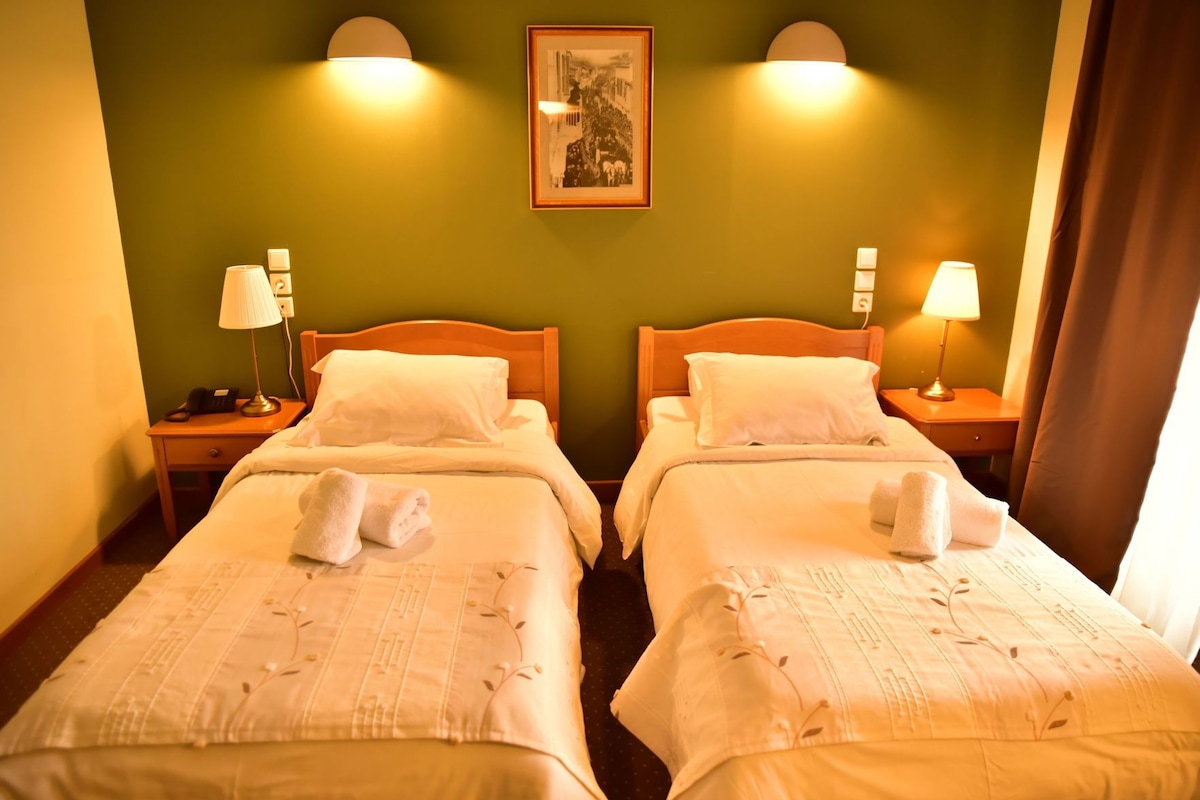 Two twin beds with white linens, bedside lamps, a framed picture on the wall, and a brown curtain.