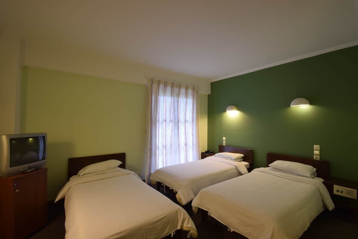 A hotel room with two single beds, a television on a wooden cabinet, a window with sheer curtains, and wall-mounted lights.