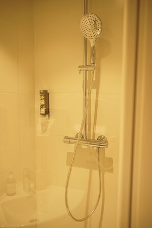 Chambre Standard double | Salle de bain | Douche, articles de toilette (gratuits), séchoir à cheveux, savon