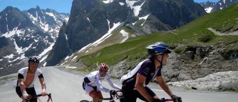 Three cyclists on a mountain road with snow-capped peaks in the background.