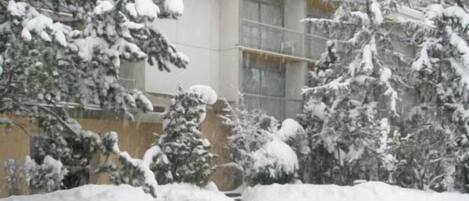 Un edificio con techo nevado y árboles circundantes.