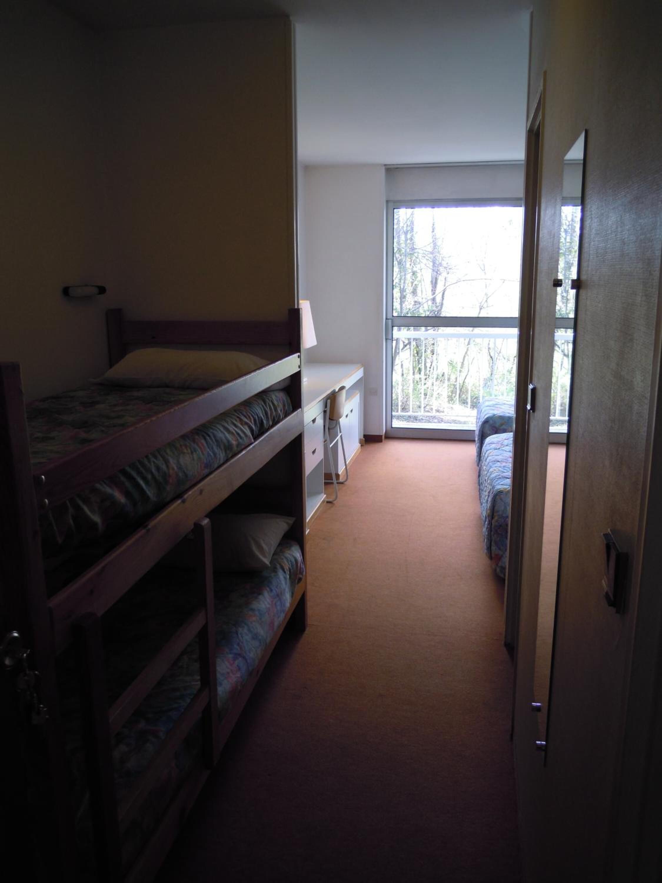 A dormitory room with bunk beds, a desk, and a window providing a view of trees.