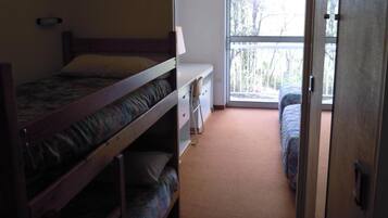 A dormitory room with bunk beds, a desk, and a window providing a view of trees.