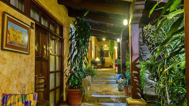 A narrow hallway with a tiled floor, wooden doors, and potted plants. - Hotel Casa del Parque (Antigua Guatemala)