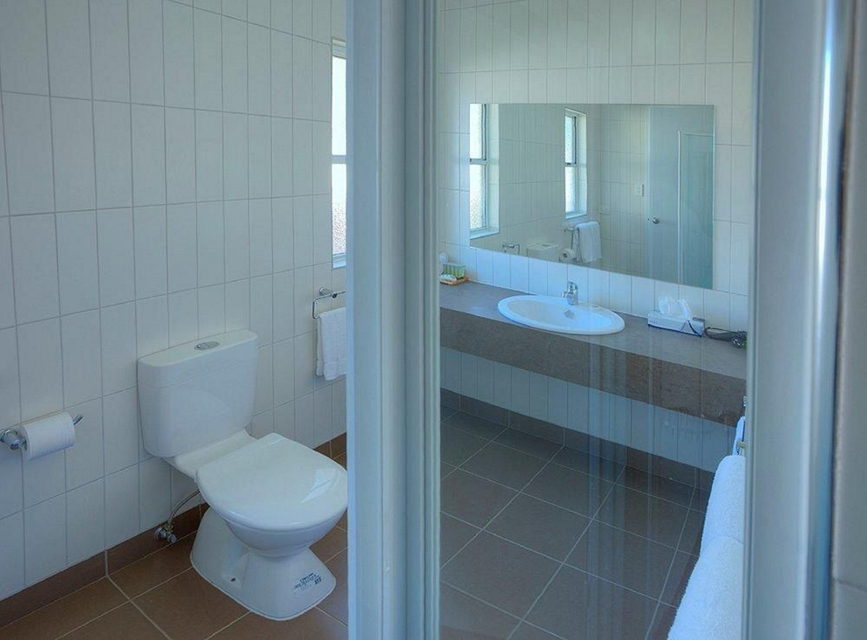Une salle de bain avec des toilettes, un lavabo et un miroir.