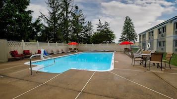 Seasonal outdoor pool, pool umbrellas, pool loungers