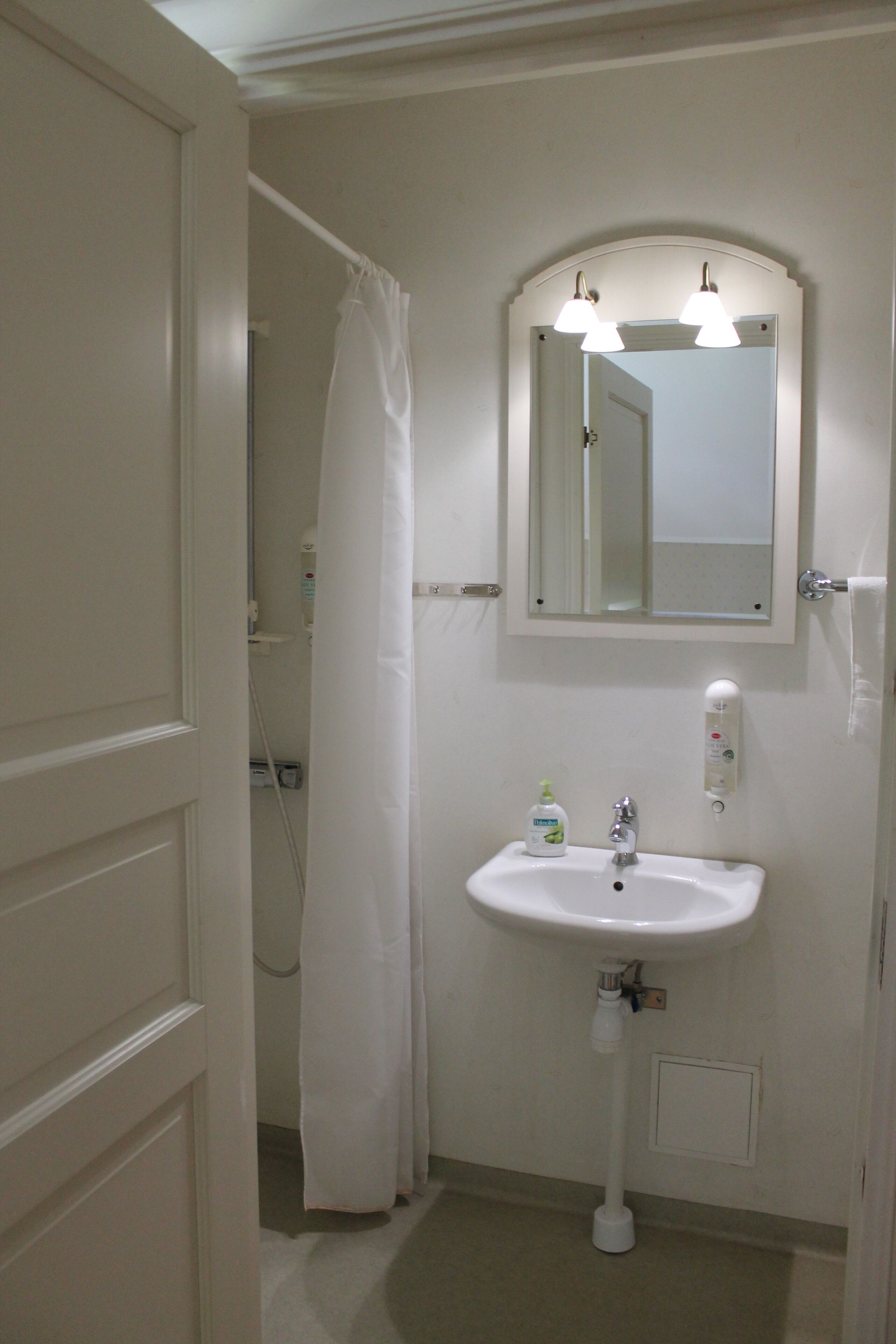 A bathroom with a white sink, a mirror, and a shower curtain.